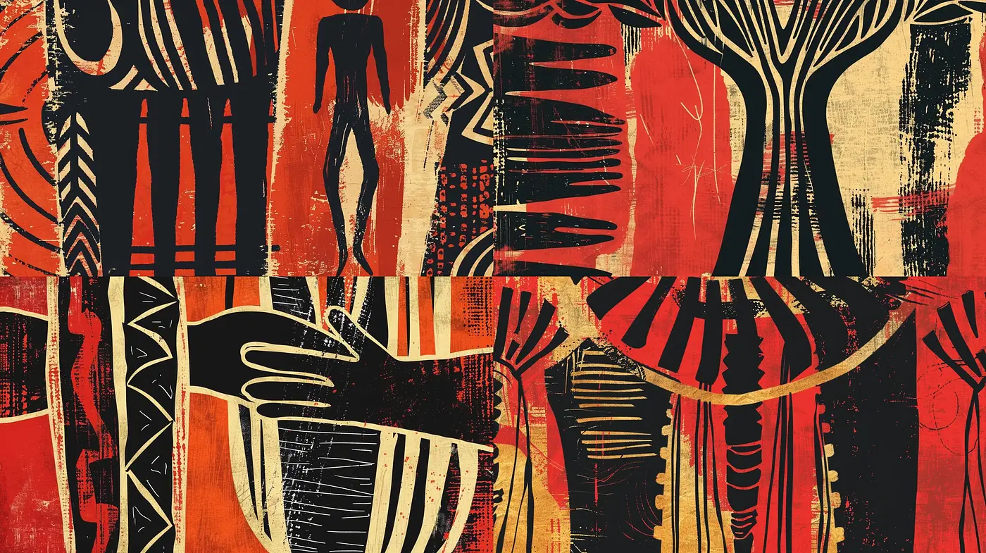 Abstract Tribal Tapestry in Red and Black Hues - Midjourney sref style