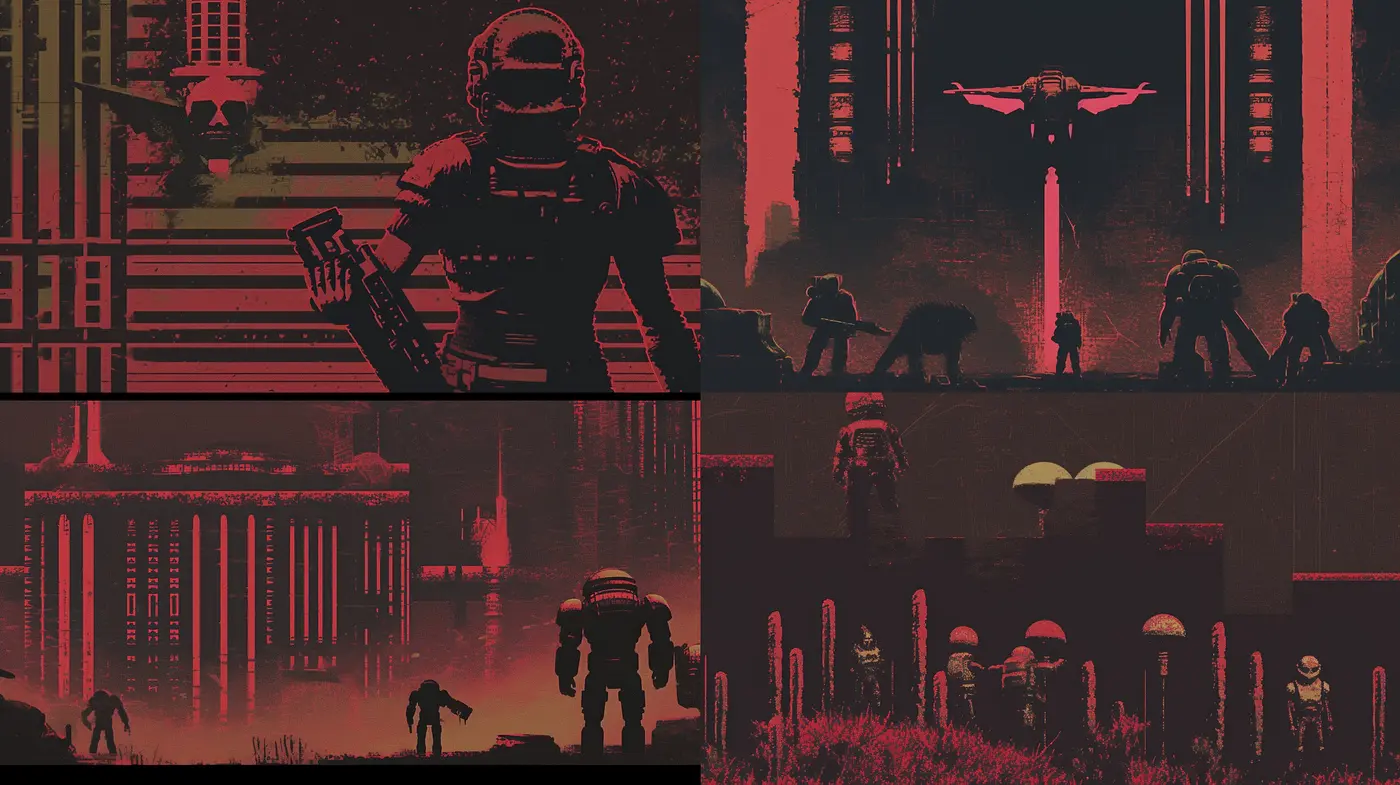 Dystopian Crimson Silhouettes: An Homage to Science Fiction Artistry - Midjourney sref style