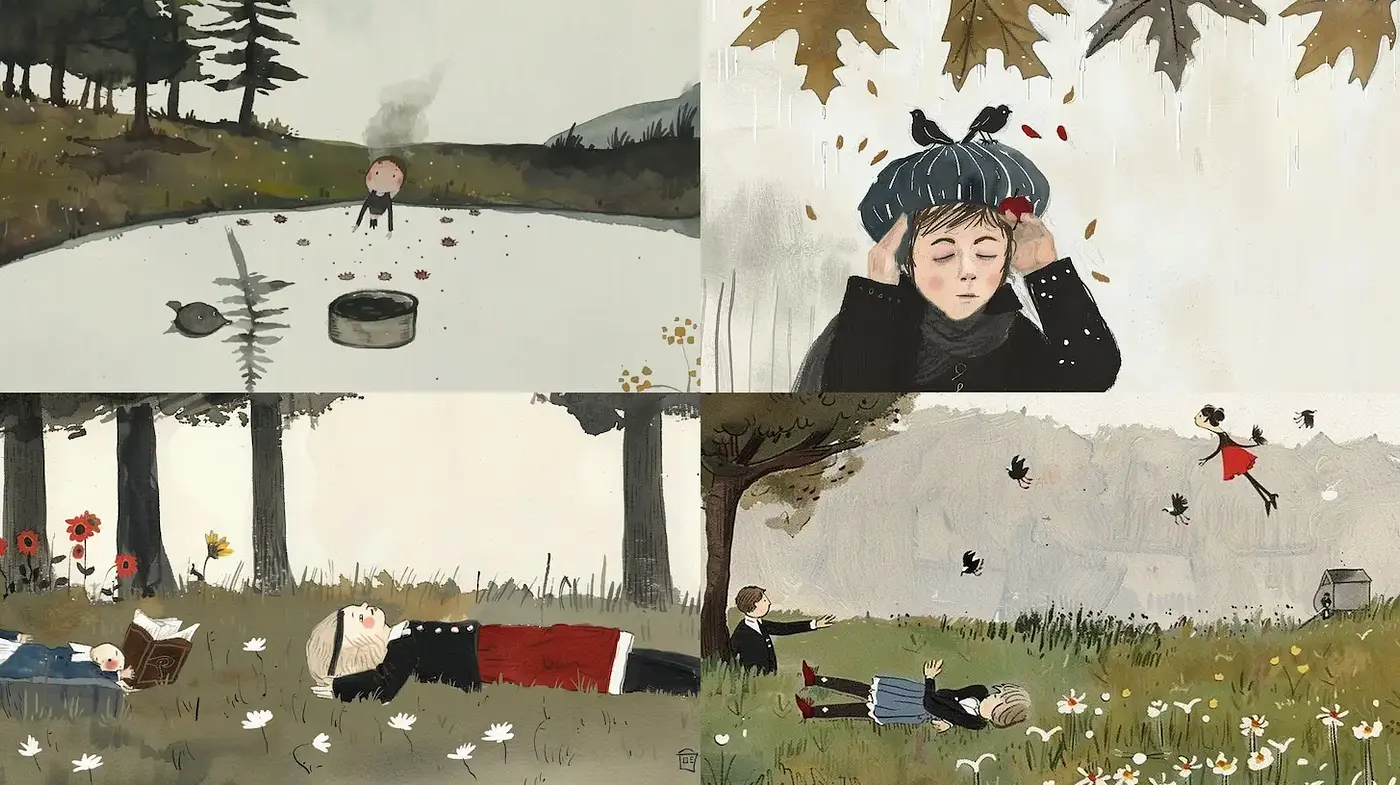 Whimsical and contemplative illustrations with a touch of melancholy - Midjourney sref style