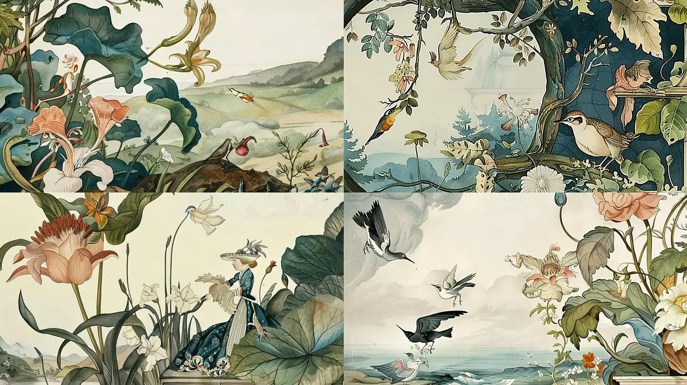 Enchanting Botanical Dreamscapes with a Pastel Victorian Flair - Midjourney sref style