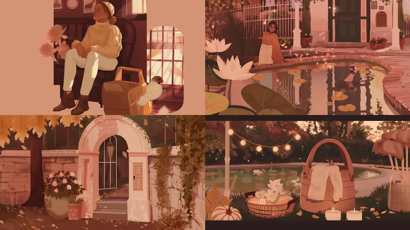 Tranquil Autumn Reverie: A Cohesive Tapestry of Warm Hues and Serene Moments - Midjourney sref style
