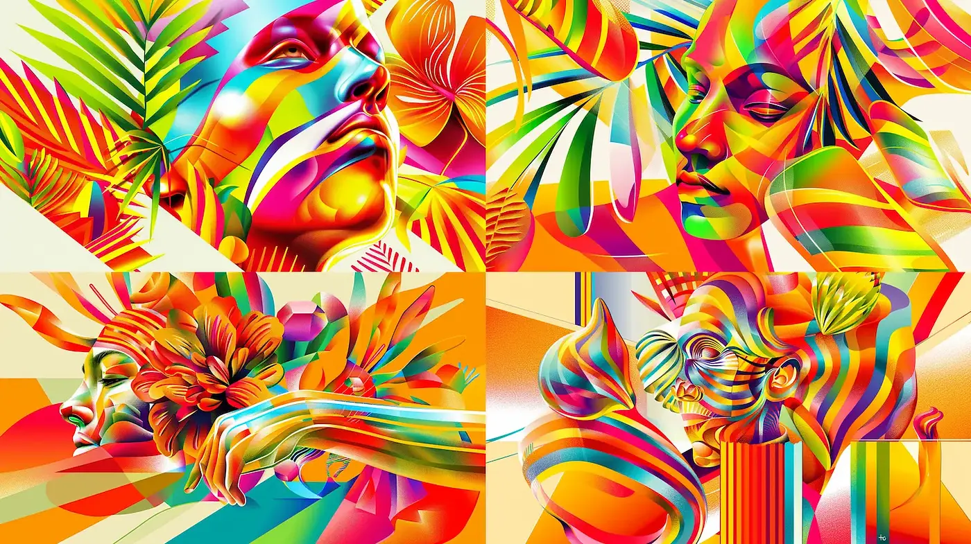 Vibrant and Colorful Abstract Portraits with Tropical Influences - Midjourney sref style