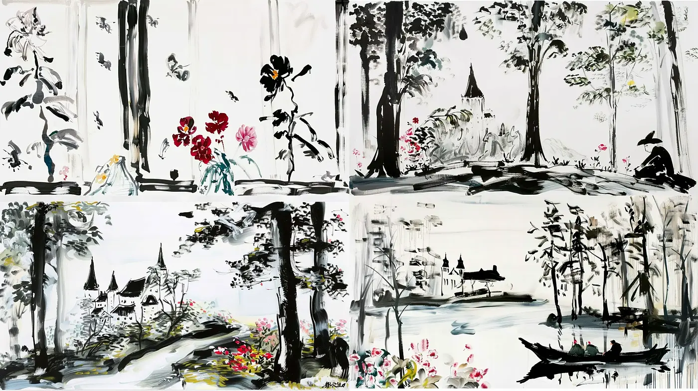 Monochrome Brushstrokes with Splashes of Vivid Floral Hues - Midjourney sref style