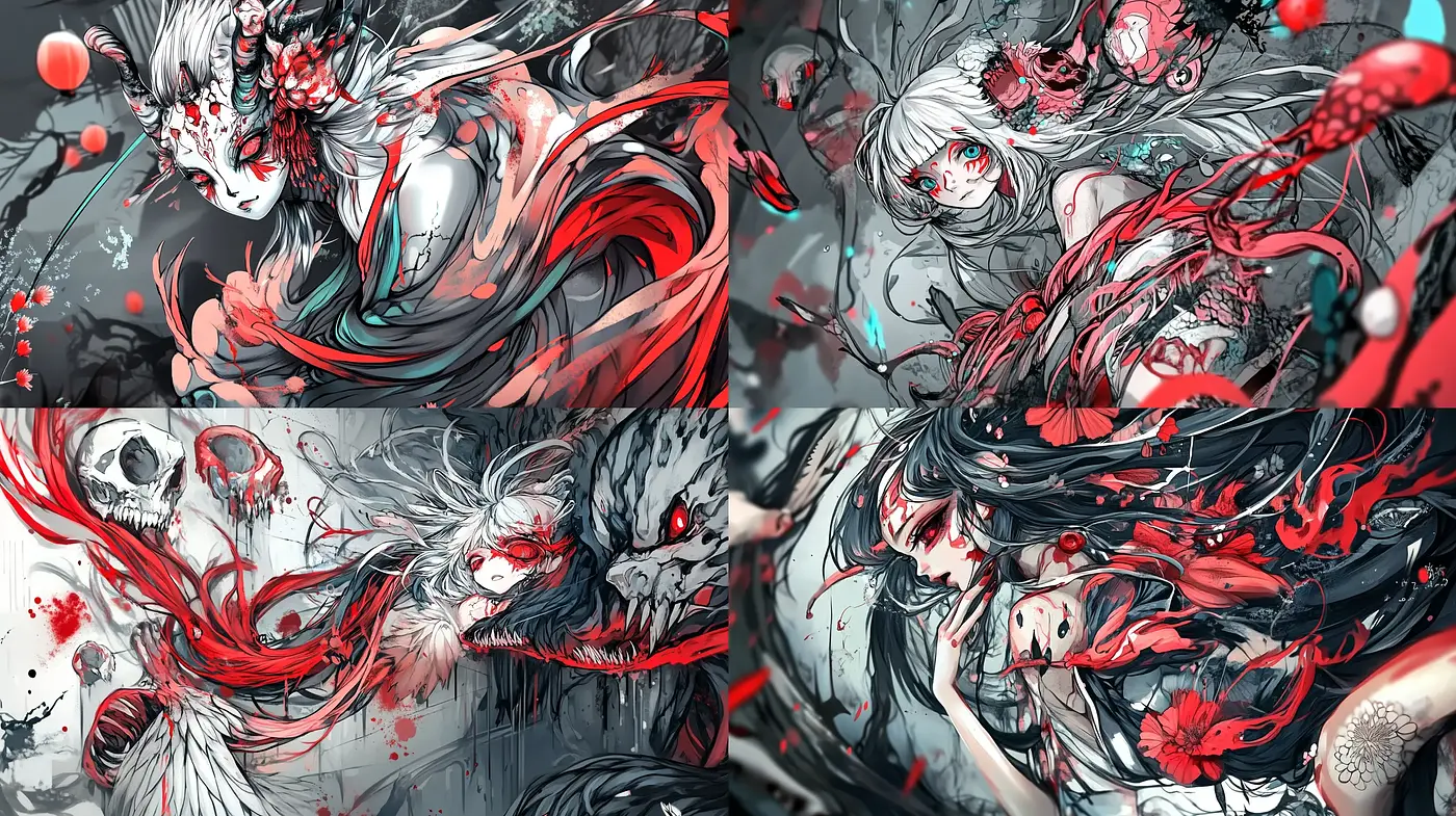 Ethereal Crimson Chaos: A Brooding Dance of Red and Monochrome - Midjourney sref style