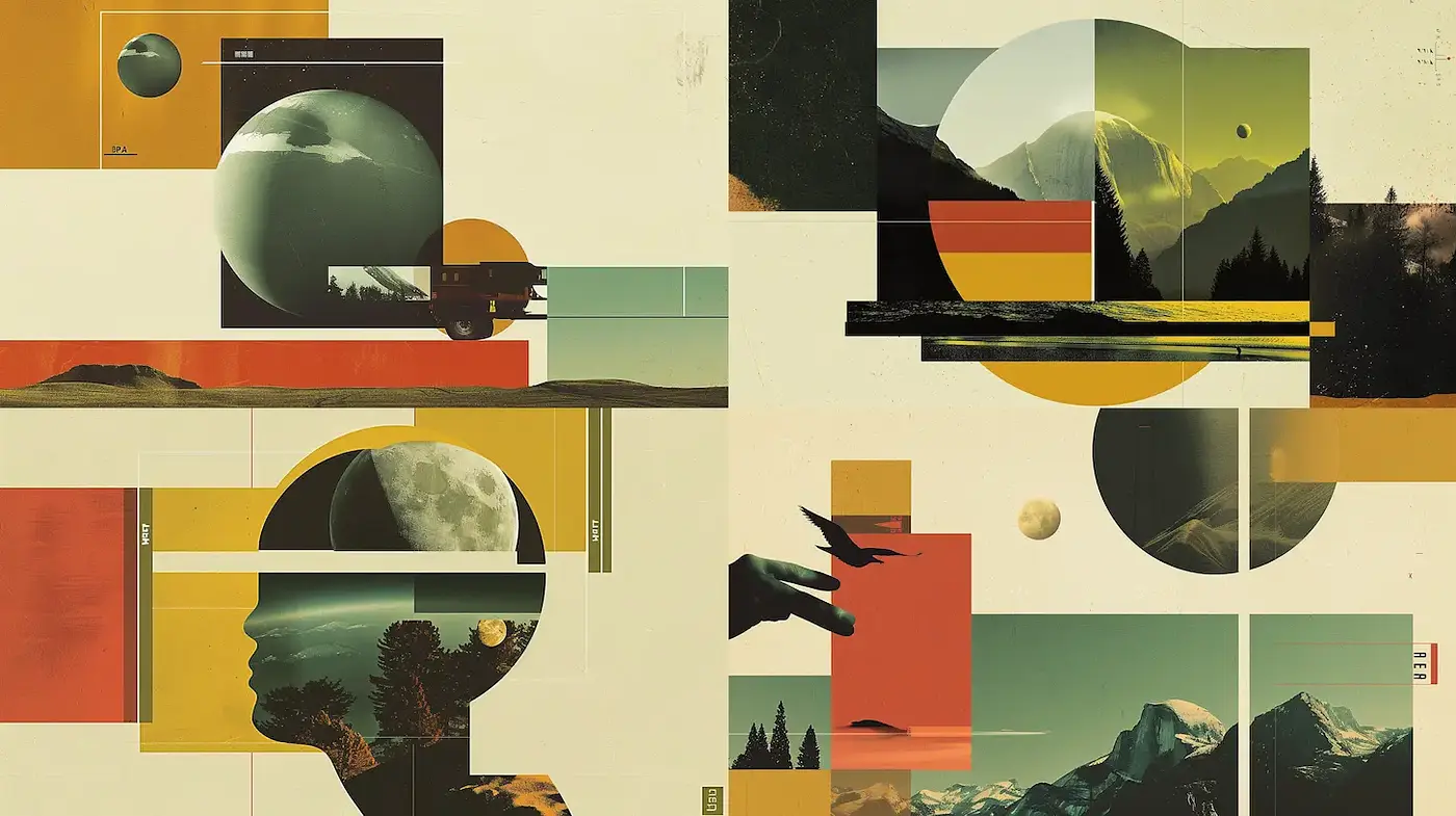 Geometric Surrealism with Natural Elements and Retro Aesthetic - Midjourney sref style