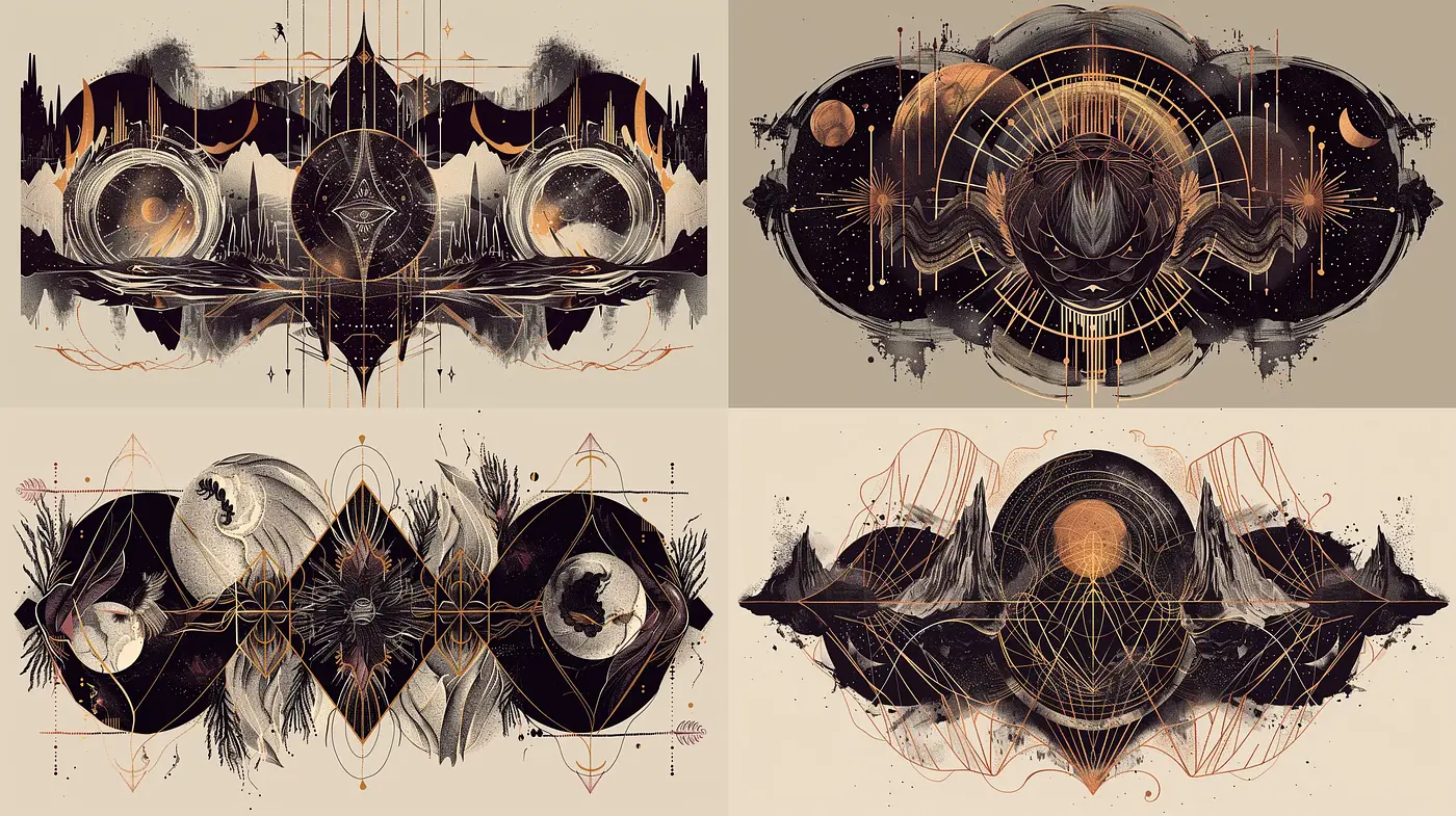 Symmetrical Cosmic Fusion with Art Nouveau and Surrealist Touches - Midjourney sref style