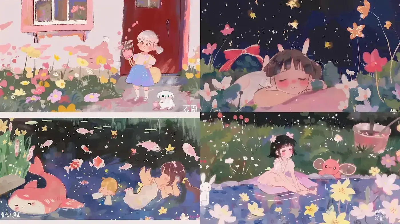 Whimsical and Dreamy Floral Scenes with Pastel Charm - Midjourney sref style