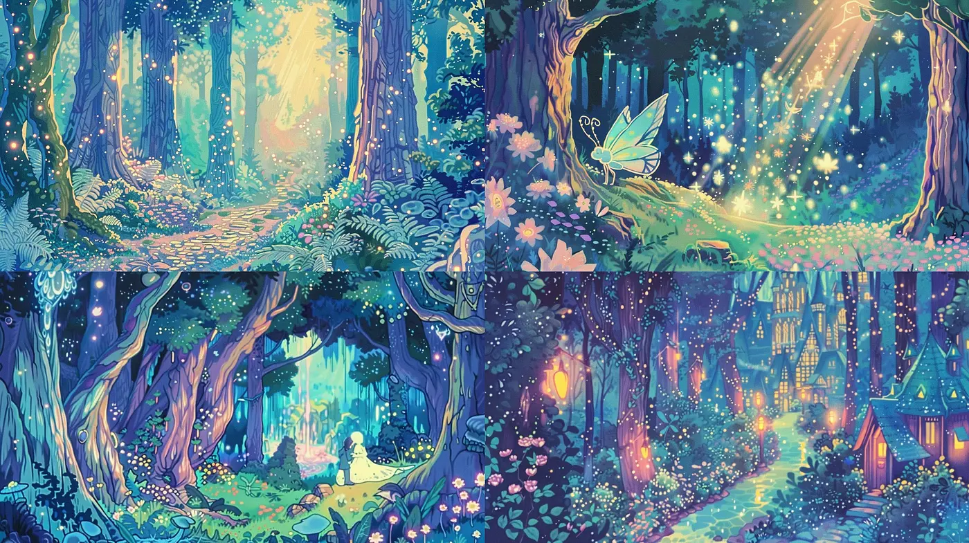 Whimsical Twilight Gardens: Enchanting Hues of Purples and Blues with a Luminescent Glow - Midjourney sref style