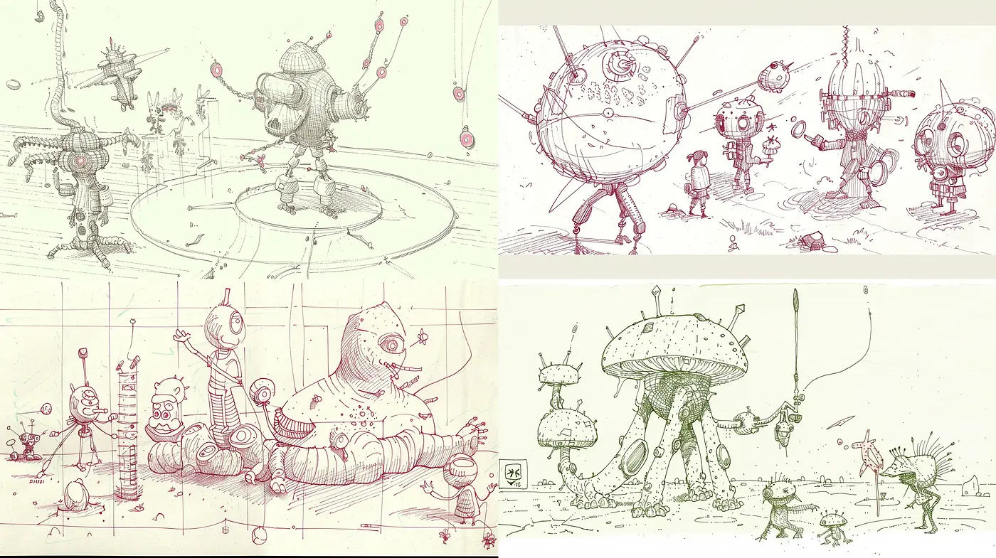 Sketchbook Exploration of Whimsical Robotics - Midjourney sref style
