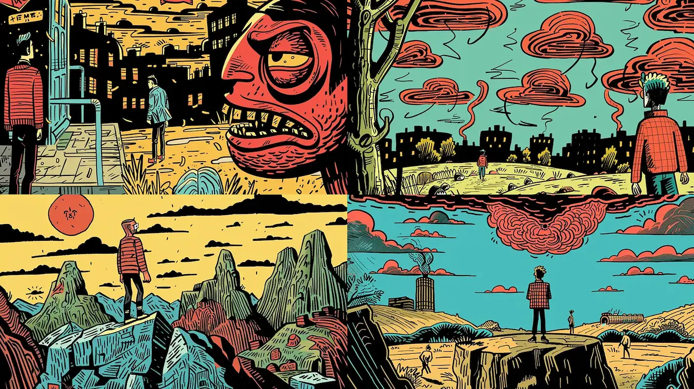 Whimsical Surrealism with Bold Colors and Detailed Linework - Midjourney sref style