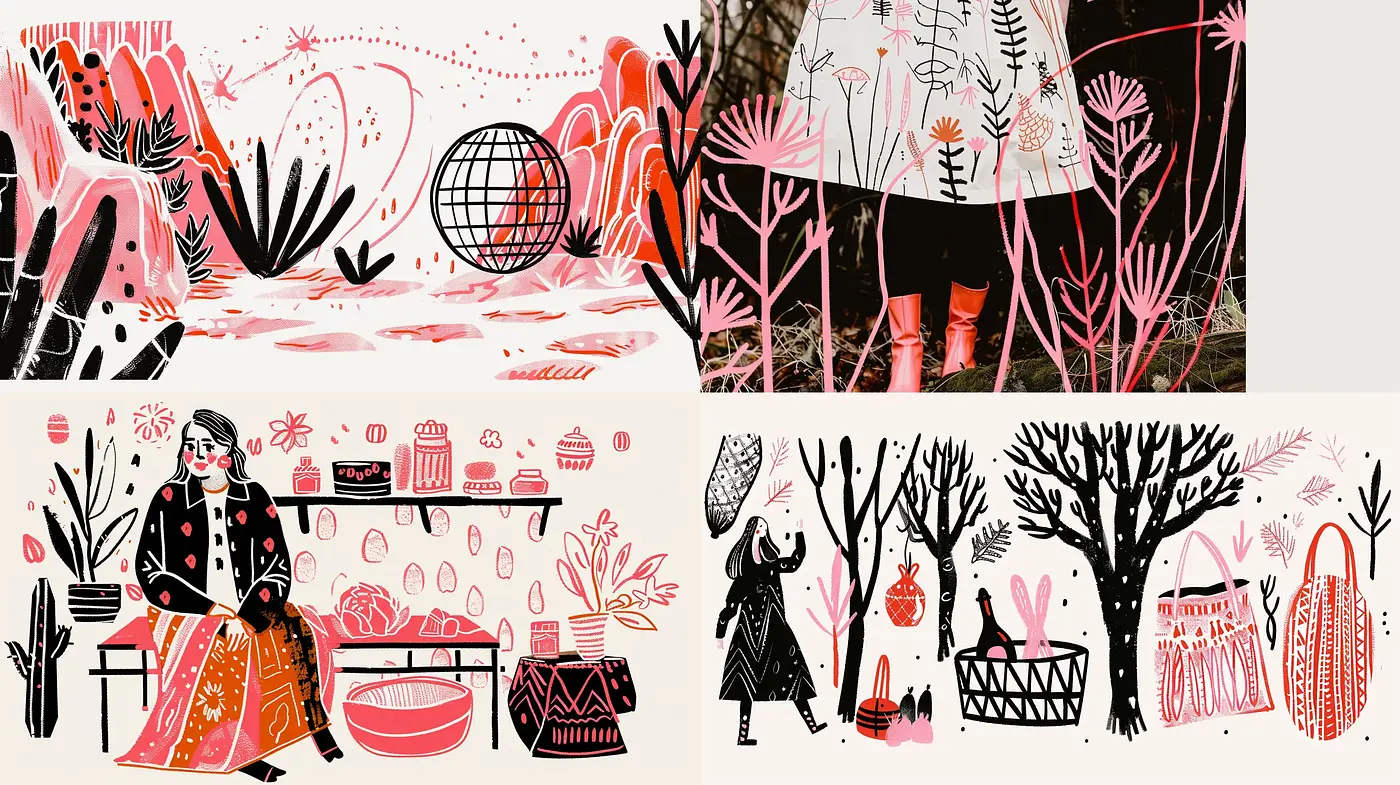 Whimsical Monochrome Silhouettes with Splashes of Coral - Midjourney sref style