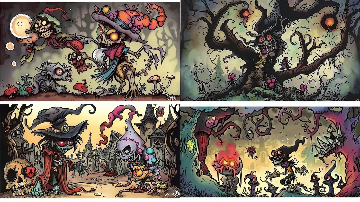 Whimsical Dark Fantasy with Grotesque Elements - Midjourney sref style