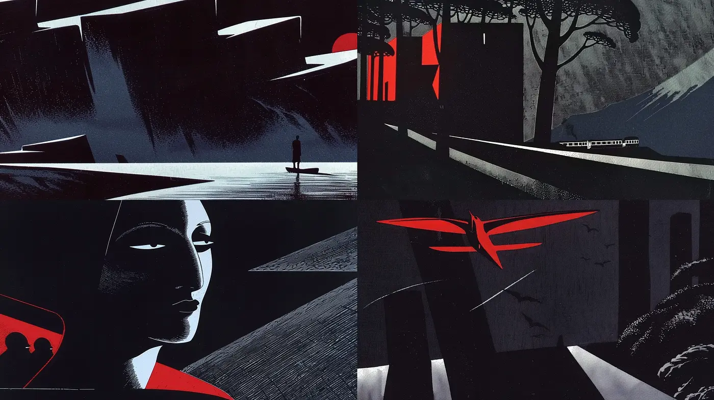 Noir Contrasts and Stylized Silhouettes - Midjourney sref style