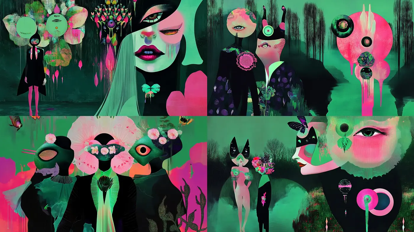 Whimsical Noir Flourish: An Exploration of Stylized Surrealism with Bold Contrasts - Midjourney sref style