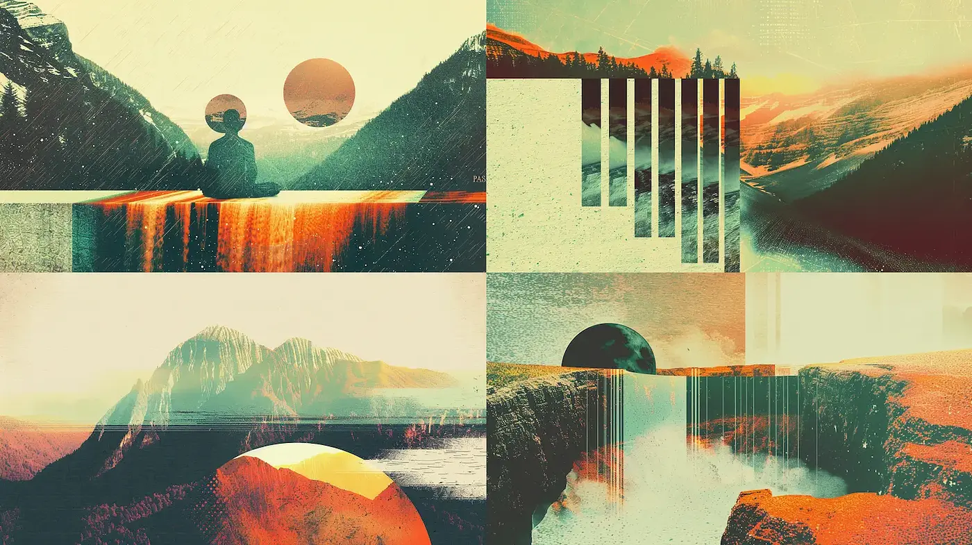Distinctive Vintage Landscape Aesthetics with Abstract Elements - Midjourney sref style