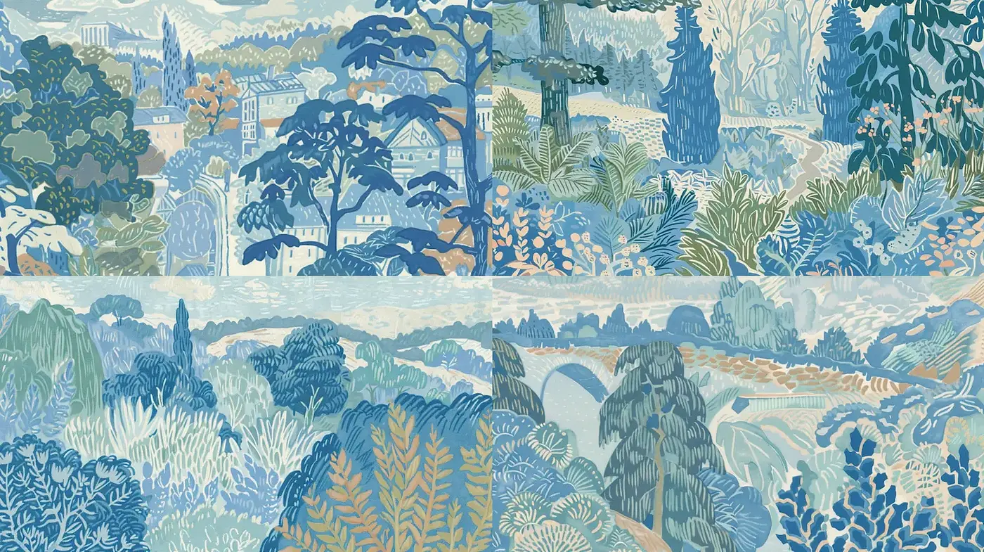Stylized Landscape Illustration with a Serene Blue Palette - Midjourney sref style