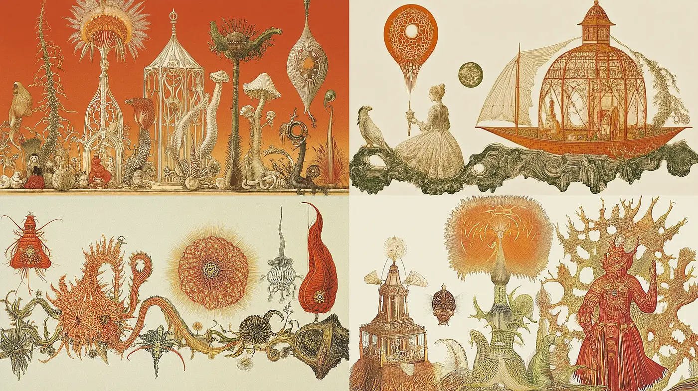 Surrealist Botanical Reverie with Steampunk Overtones - Midjourney sref style