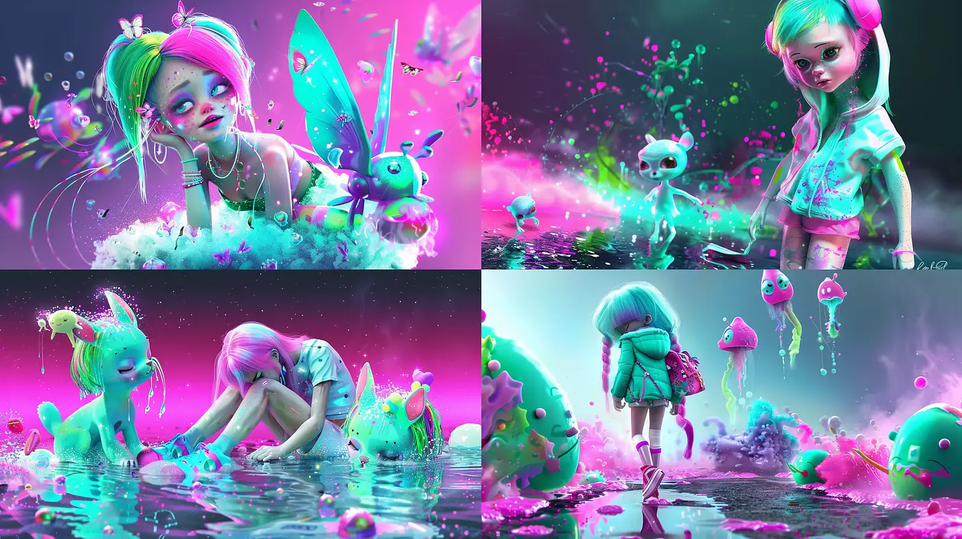Surreal Candy-Colored Dreamscapes with Ethereal Characters - Midjourney sref style