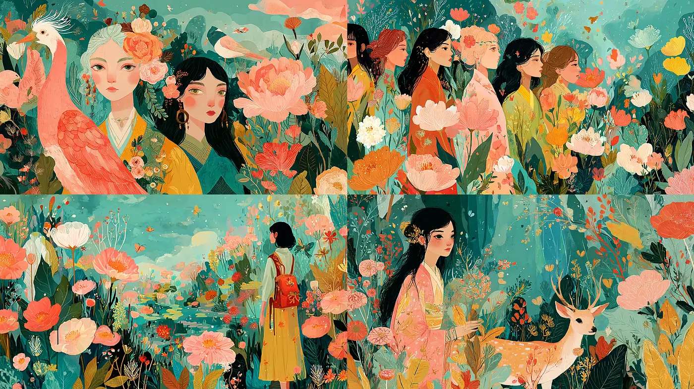 Colorful and Dreamy Illustrations with Delicate Floral Elements - Midjourney sref style