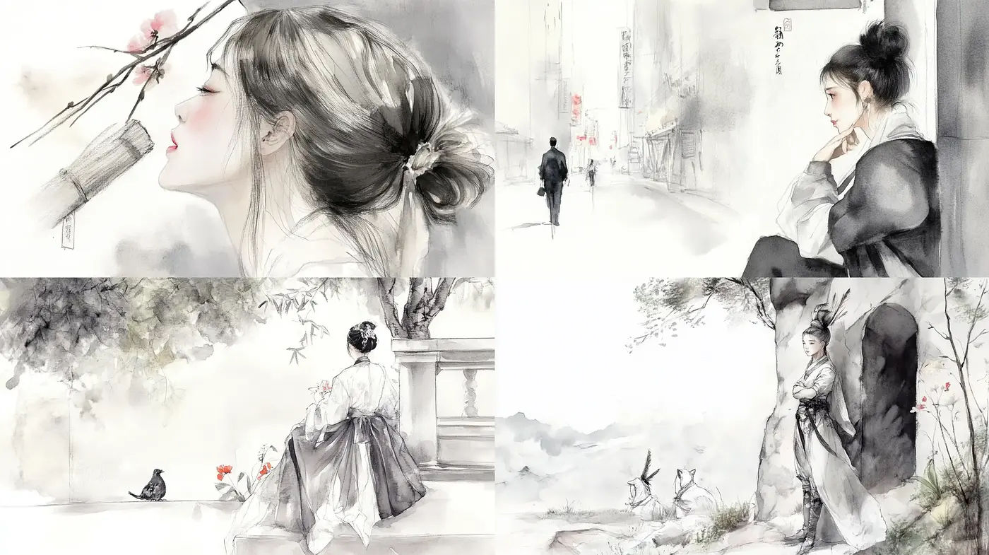 Ethereal Ink-Washed Dreamscape Evoking Serenity and Contemplation - Midjourney sref style