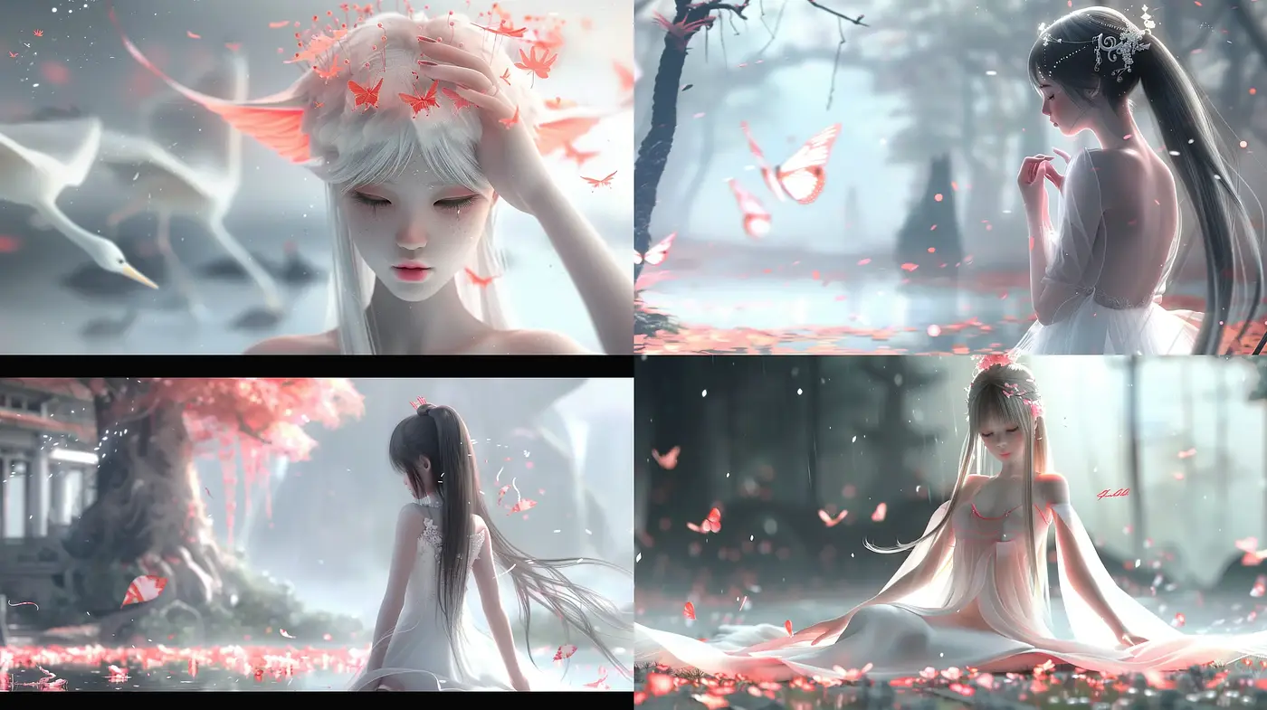 Ethereal Elegance in Misty Crimson and Grey: A Fantastical Serenity - Midjourney sref style