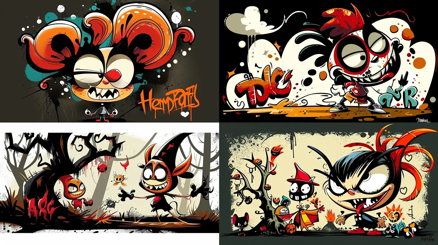 Eccentric Cartoon Graffiti Fusion with a Darkly Playful Ambiance - Midjourney sref style
