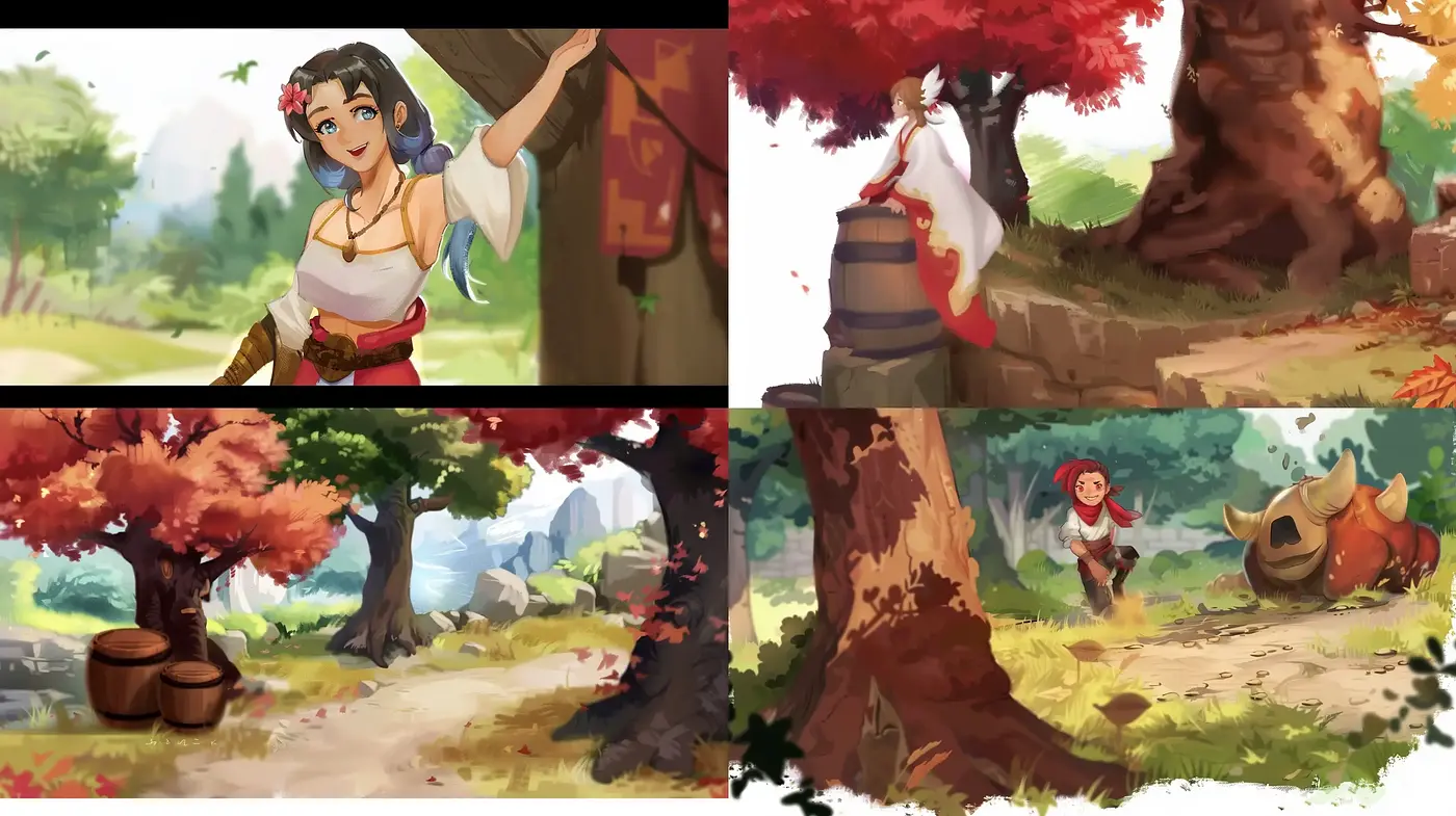 Idyllic Pastoral Scenes with Anime-like Characters and Vivid Nature - Midjourney sref style