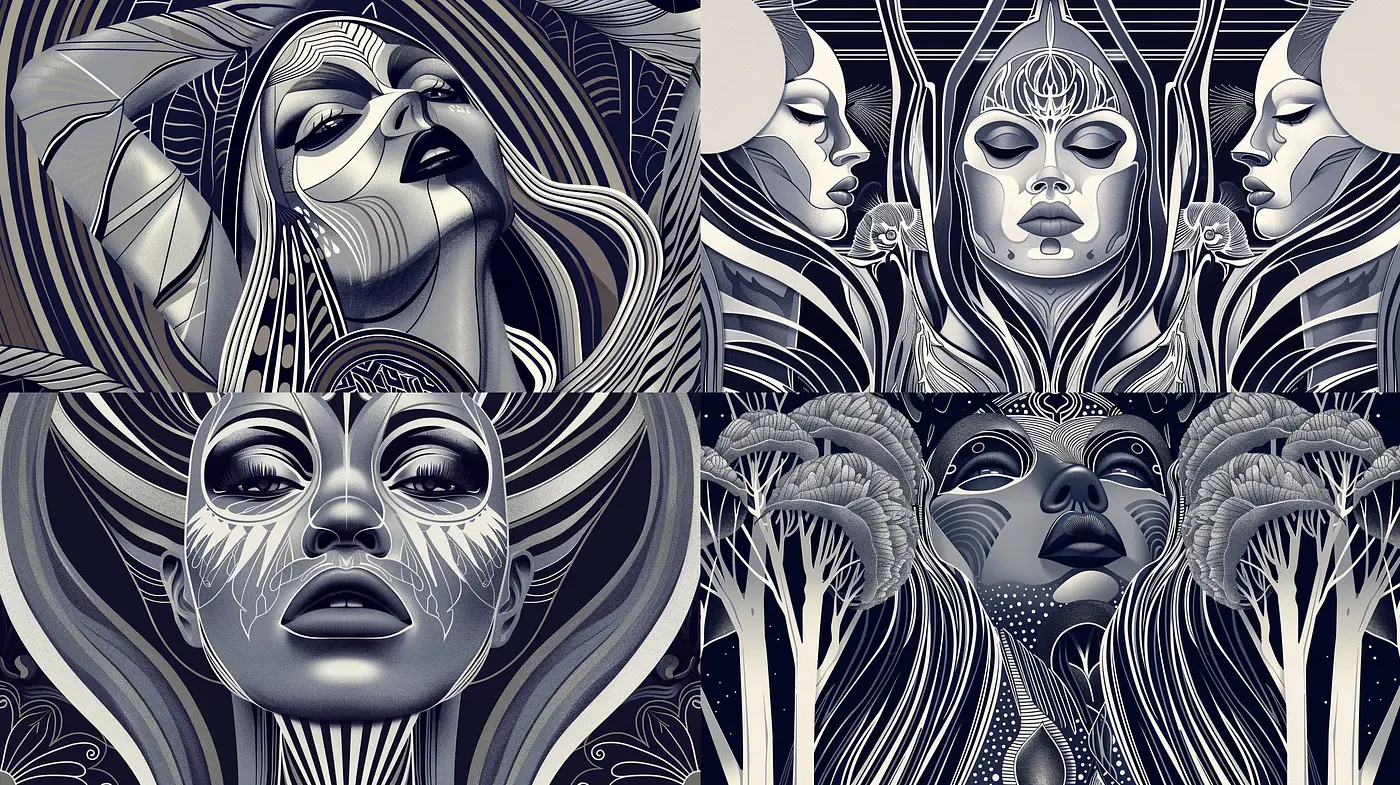 Monochromatic Ethereal Dreamscape in Stylized Art Deco - Midjourney sref style