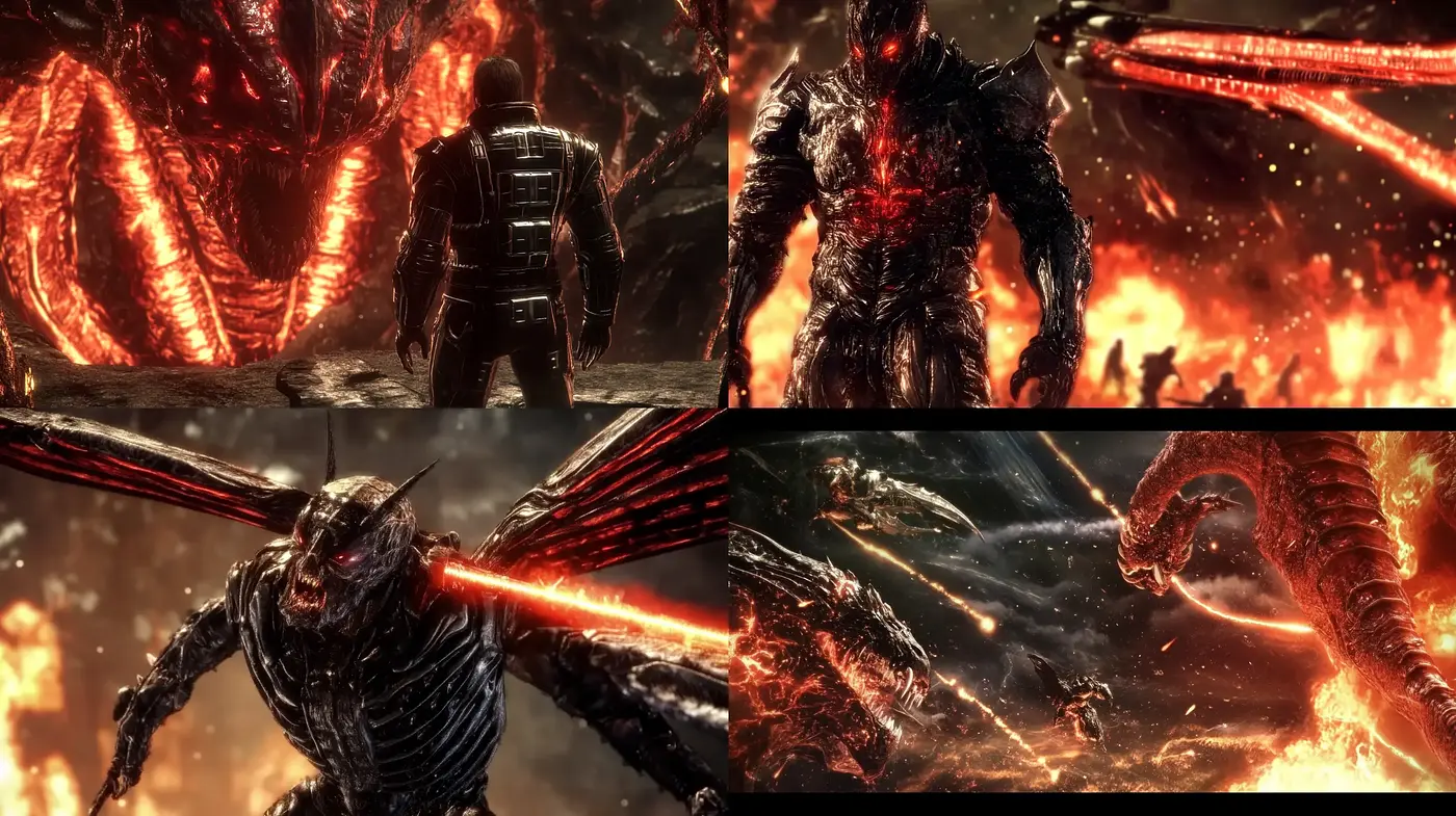 Fiery Apocalyptic Vision with Intense Dynamic Combat Scenes - Midjourney sref style