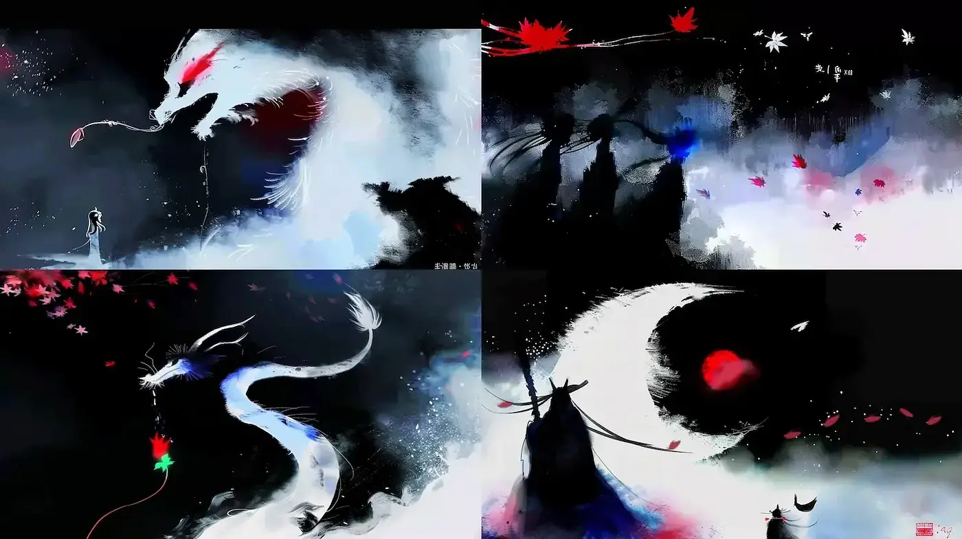Ethereal Oriental Brushstrokes with Vivid Monochrome Essence - Midjourney sref style