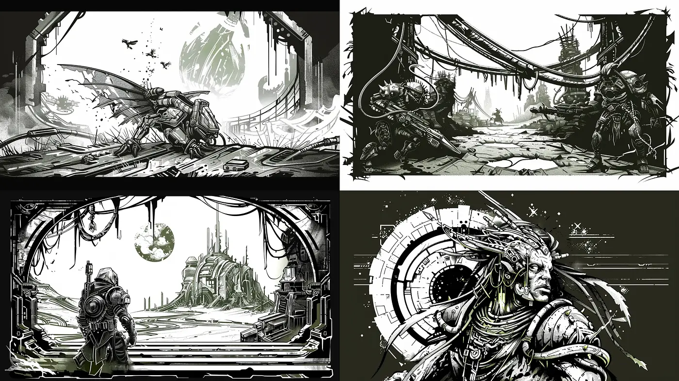 Monochromatic Sci-fi Fantasy Sketches with Intricate Detailing and Dynamic Composition - Midjourney sref style
