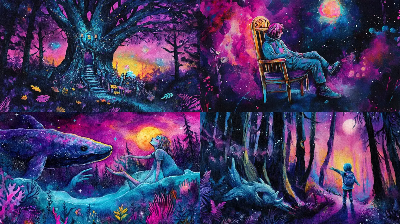 Surreal Cosmic Twilight: A Synthesis of Vibrant Dreamscapes and Ethereal Neon Hues - Midjourney sref style