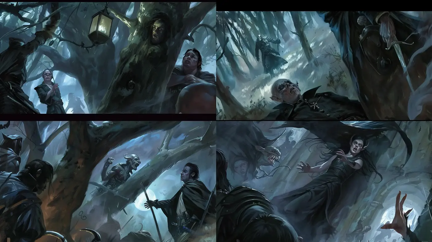 Mystical Twilight Forest Scenes Blending Ephemeral Beauty With Ominous Overtones - Midjourney sref style