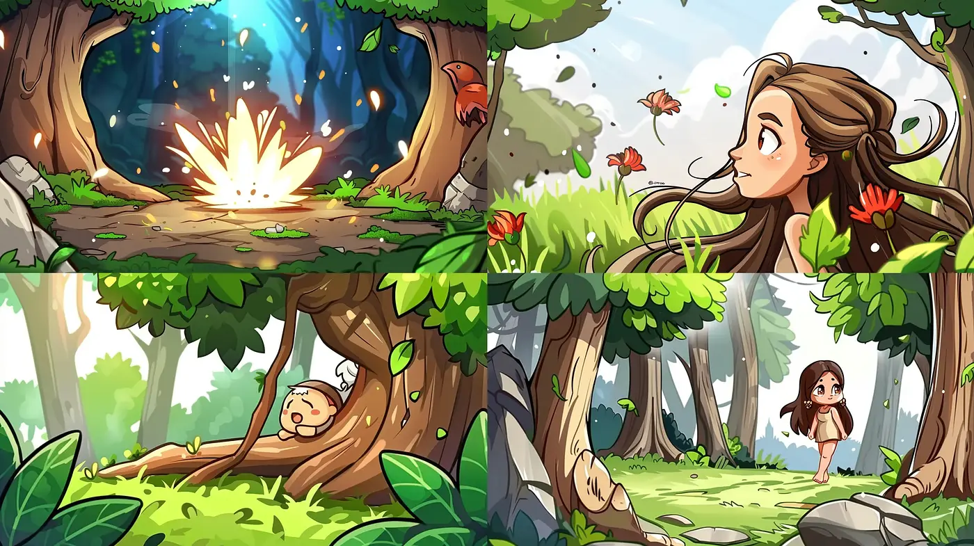 Energetic and Enchanted Forest Adventure in Luminous Comic Style - Midjourney sref style