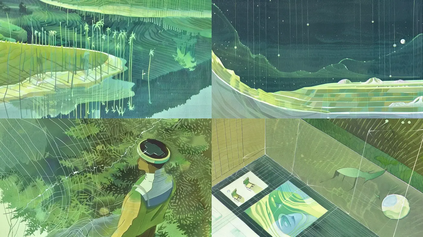 Ethereal Brushstrokes in Verdant Hues: A Contemporary Homage to Pastoral Serenity - Midjourney sref style