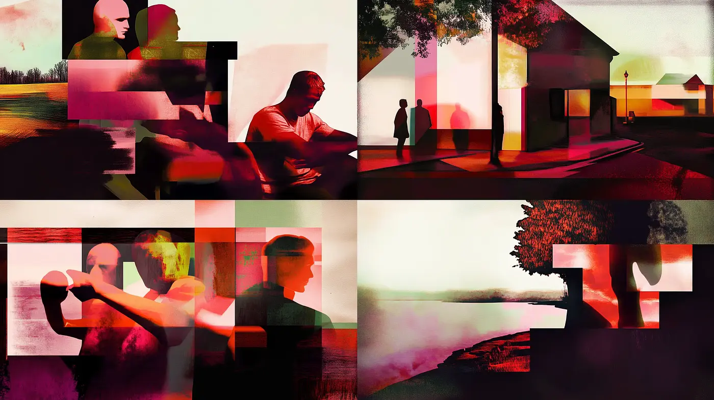 Twilight Reveries in Abstracted Hues: A Study in Fragmented Silhouettes - Midjourney sref style