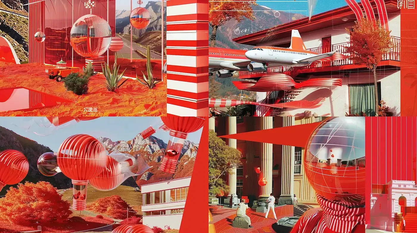 Contemporary Red-Infused Surrealism with Geometric Elements - Midjourney sref style