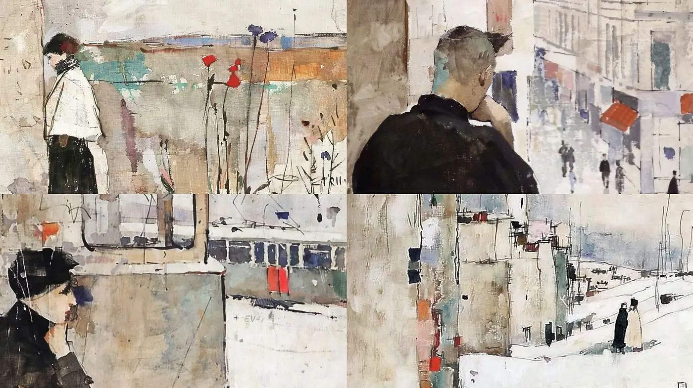 Abstracted Urban Serenity: A Dialogue of Textured Whispers in Monochrome and Hues - Midjourney sref style