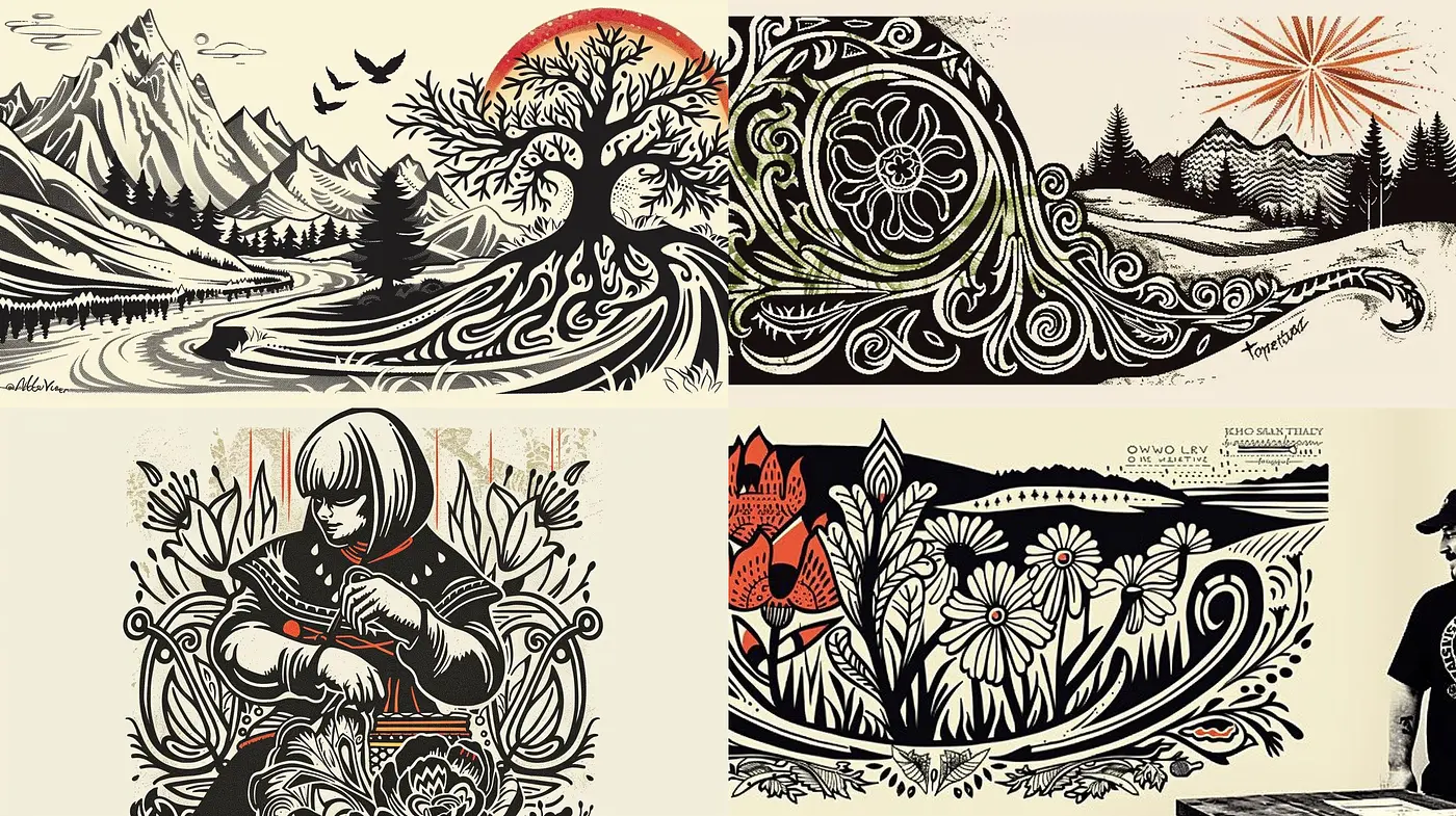 Stylized Monochrome Folk Art Fusion with Contemporary Touches - Midjourney sref style