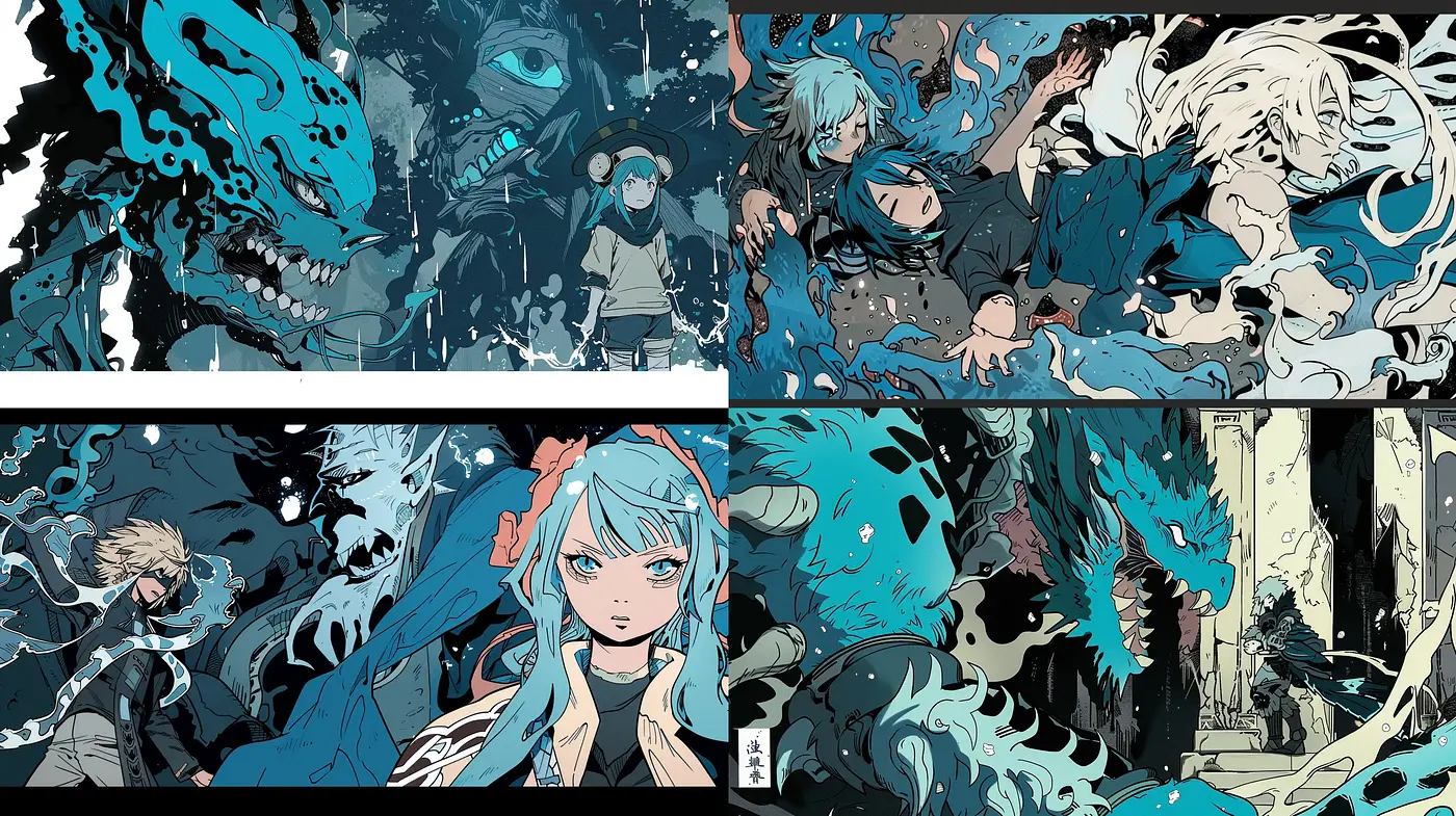 Dynamic Fluidity in Turquoise: A Homage to Motion and Manga Aesthetics - Midjourney sref style