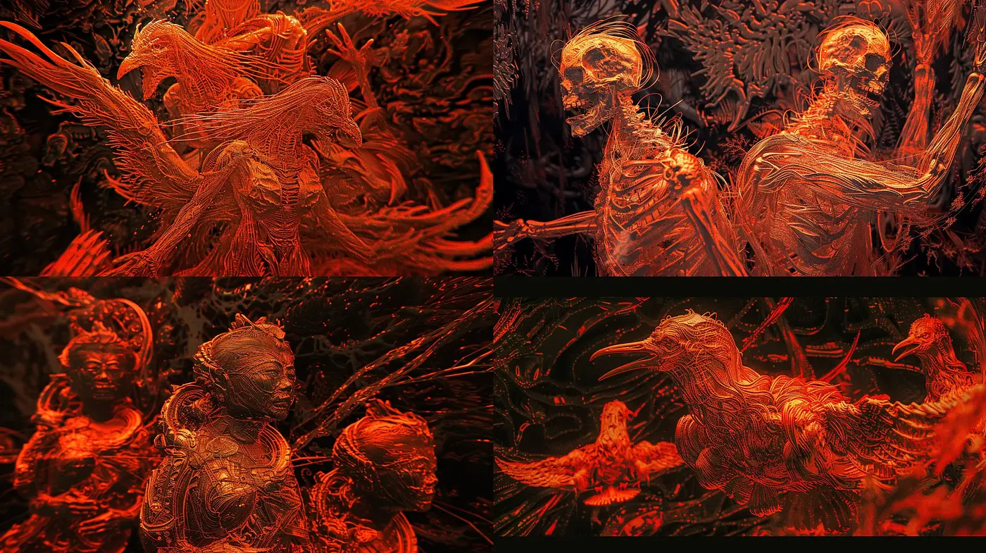 Ethereal Inferno: A Fusion of Mythic Elegance and Fiery Abstraction - Midjourney sref style