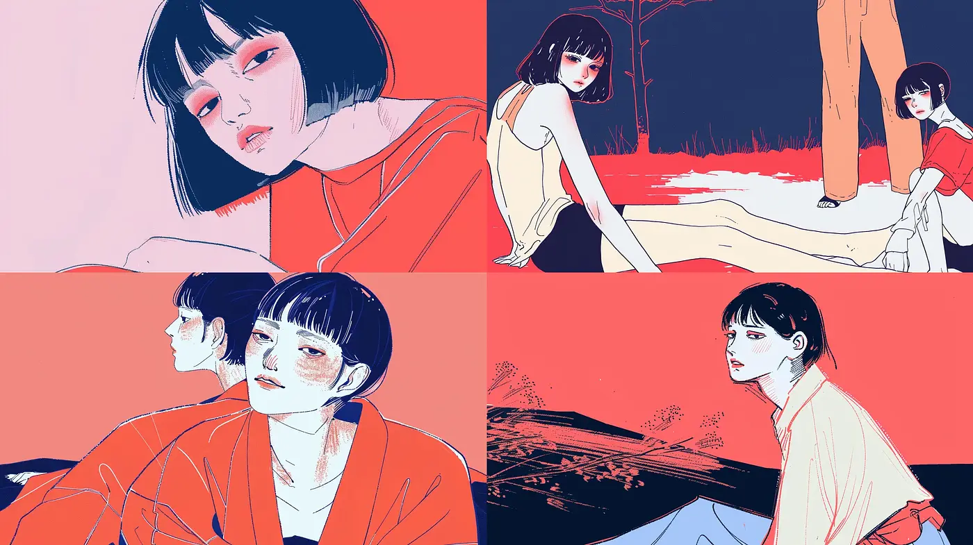 Stylized Modern Anime-Inspired Illustrations with a Limited Twilight Color Scheme - Midjourney sref style
