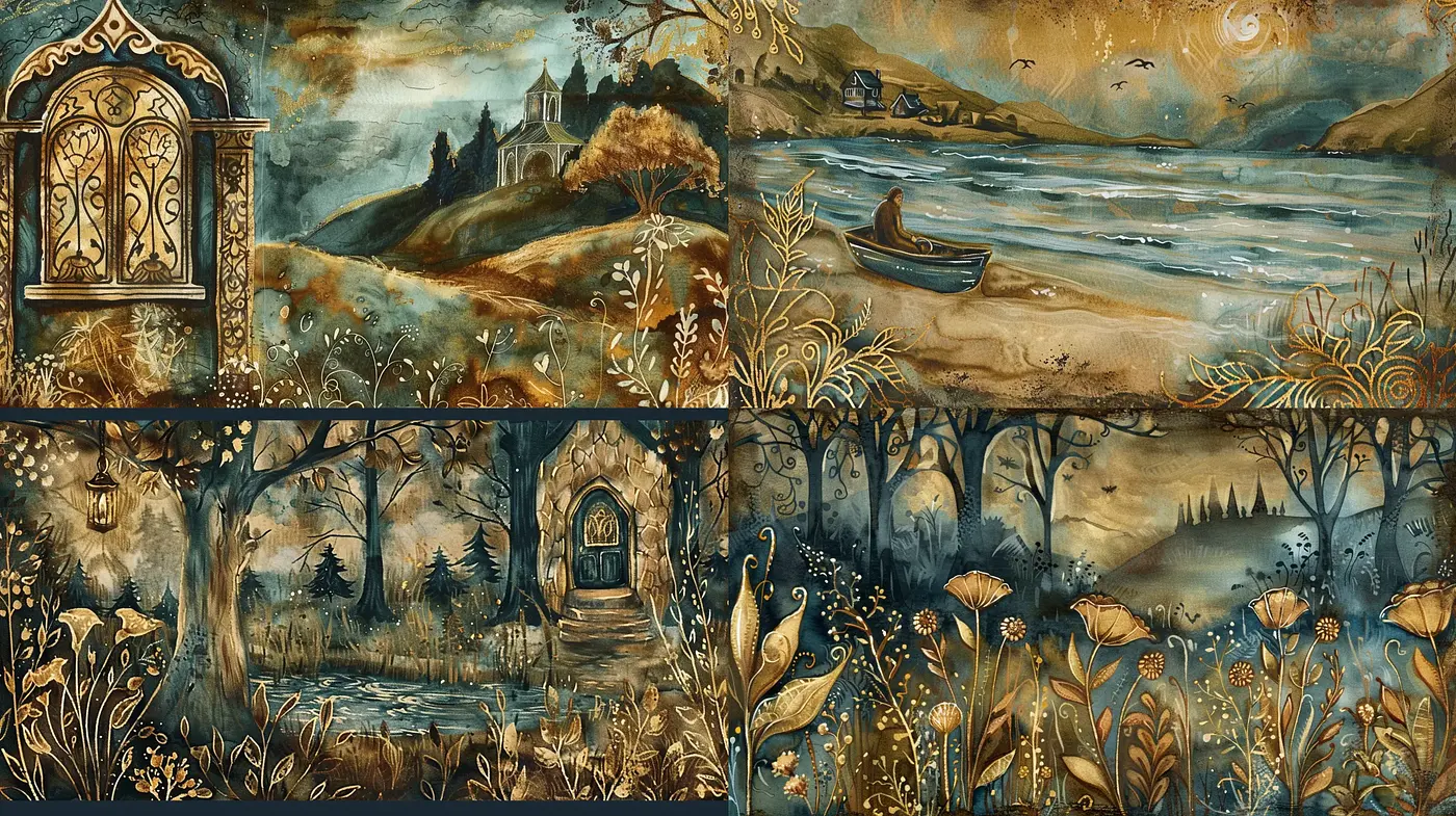 Enigmatic Twilight Tales: A Tapestry of Muted Gold and Earthly Mystique - Midjourney sref style