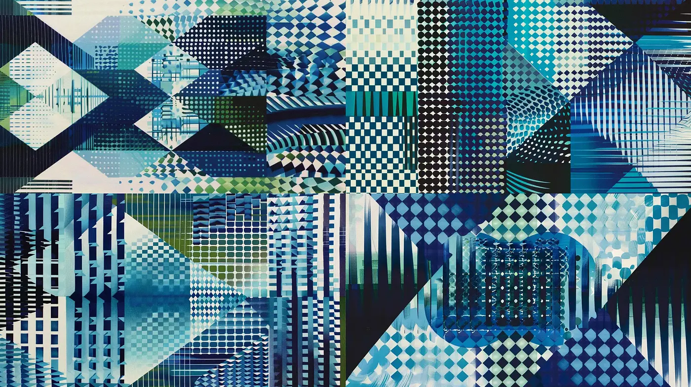 Geometric Abstraction in Cyan and Noir: A Study in Checkerboard and Grid Overlay Patterns - Midjourney sref style
