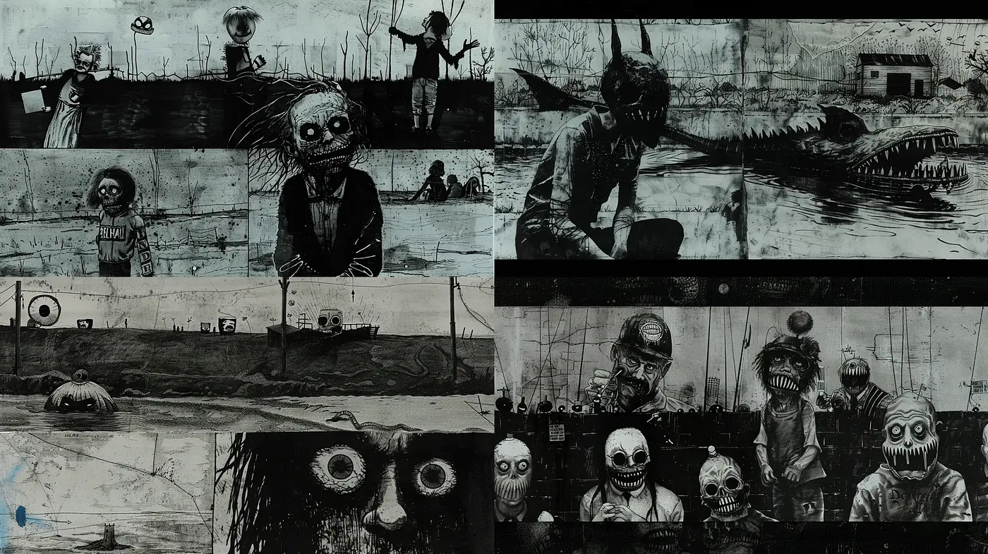 Gothic Noir Panorama with Tim Burton-esque Whimsy - Midjourney sref style