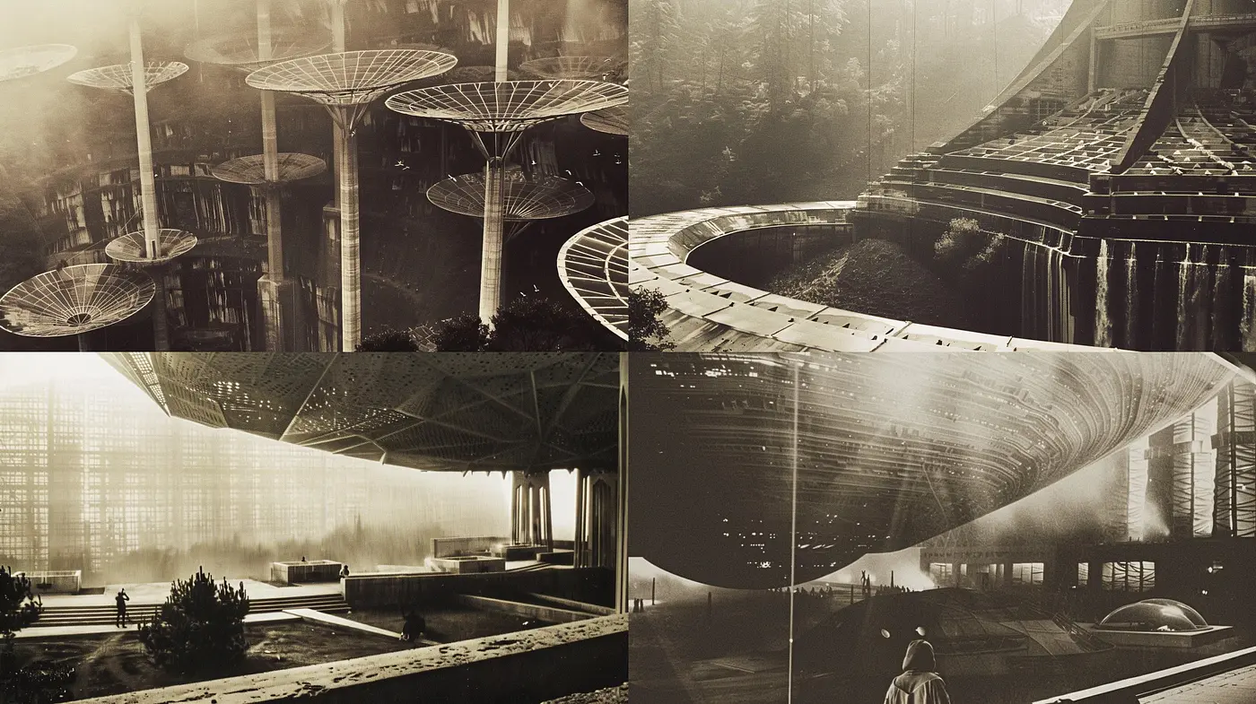 Sepia-Toned Homage to Retrofuturism and Architecture - Midjourney sref style