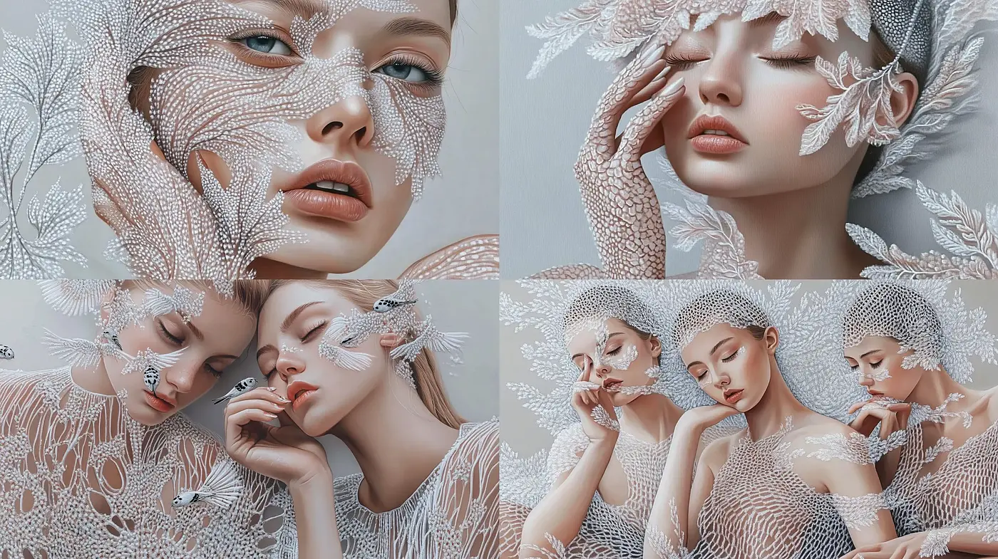 Ethereal Porcelain Portraiture with Luminous Lace Overlays - Midjourney sref style