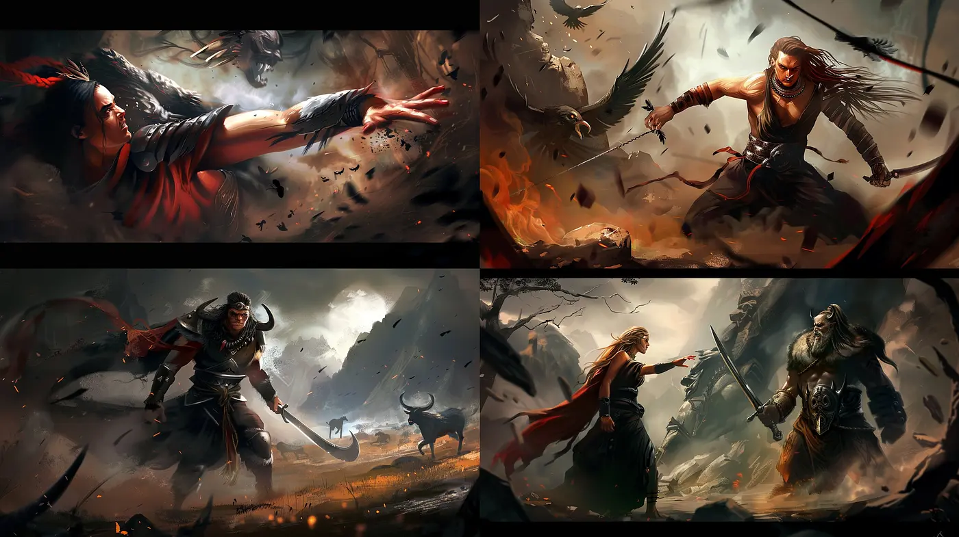 Epic Saga Strokes: A Harmonious Blend of Warm Tones and Dynamic Brushwork - Midjourney sref style