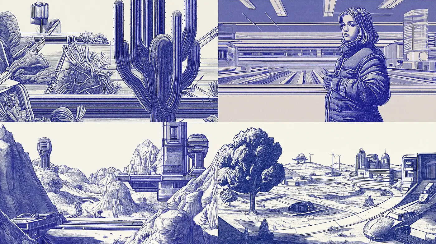 Monochromatic Blue Engravings with a Contemporary Geometric Emphasis - Midjourney sref style