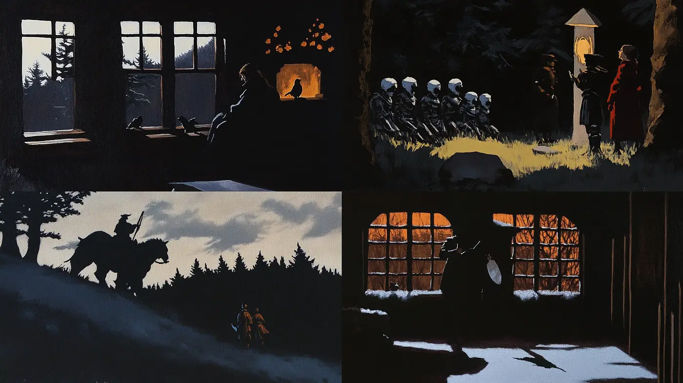 Nocturnal Narrative: Silhouetted Stories in Monochromatic Hues - Midjourney sref style